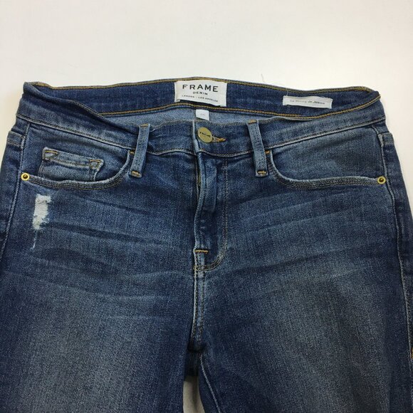 FRAME Le Skinny De Jeanne Knickerson Wash Raw Hem Logo Hardware Distressed Jeans - Picture 4 of 14